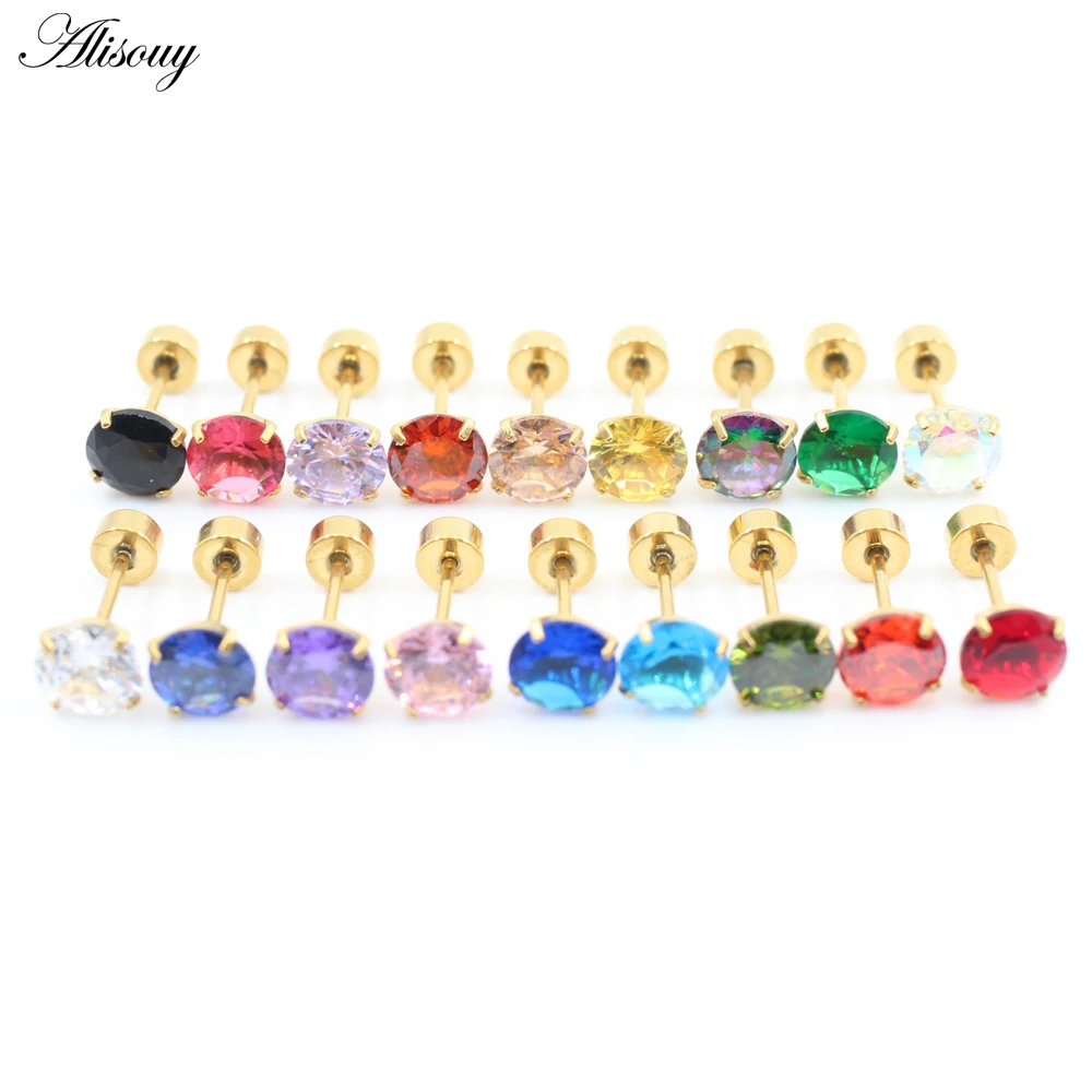 2PCS Stainless Steel Gold Color Unisex Women Men Round Cubic Zirconia Ear Studs Earrings Helix Tragus Cartilage Piercing Jewelry