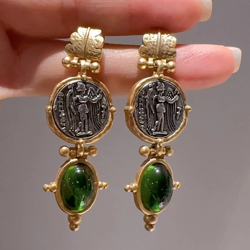 Vintage Emerald Green Oval Natural Stone Dangle Earrings Pendant Gold Color Coin Antique Jewelry for Woman Accessories Luxury