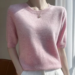 100% Cashmere Short-Sleeve T-Shirt Ladies High-End Knit Base Shirt 2024 Spring Thin Vest Round Neck Solid Pullover Women Sweater