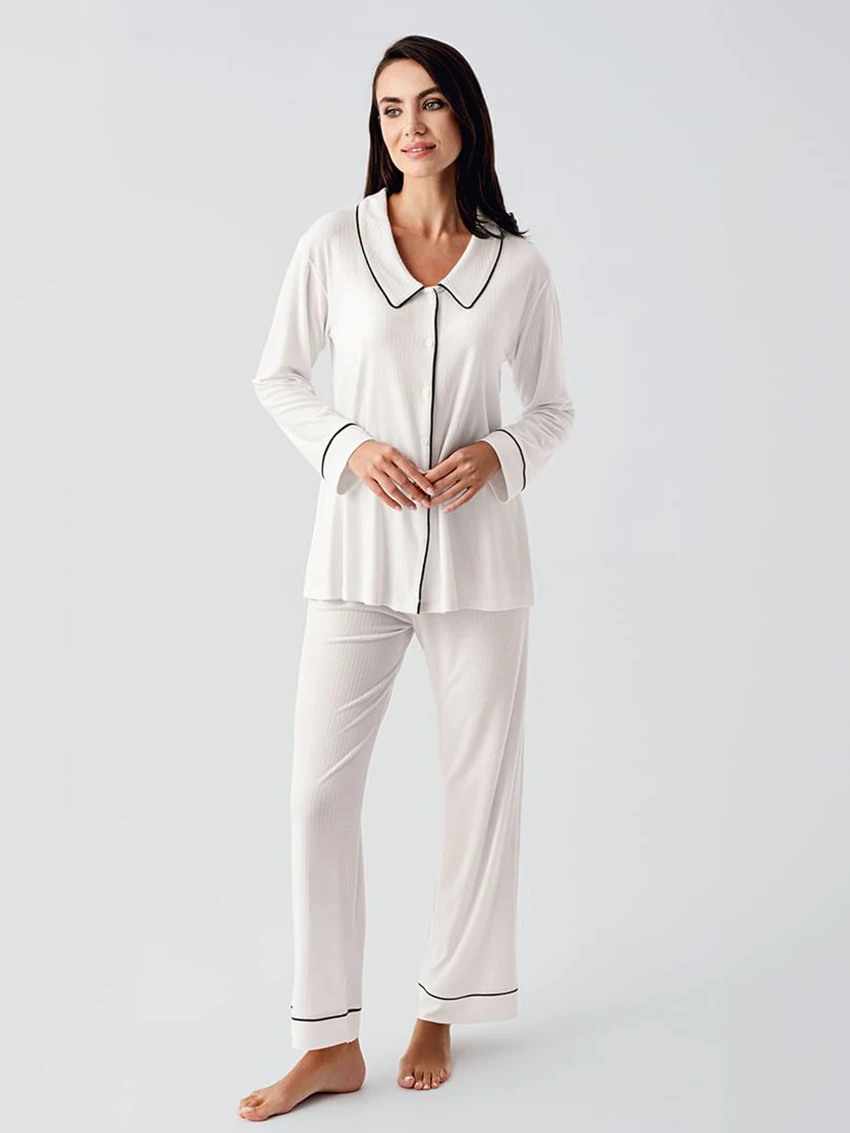 

Marthaqiqi Casual Female Nightwear Set Long Sleeve Nightgown Turn-Down Collar Pajama Wide Leg Pants Loose Sleepwear 2 Piece Suit