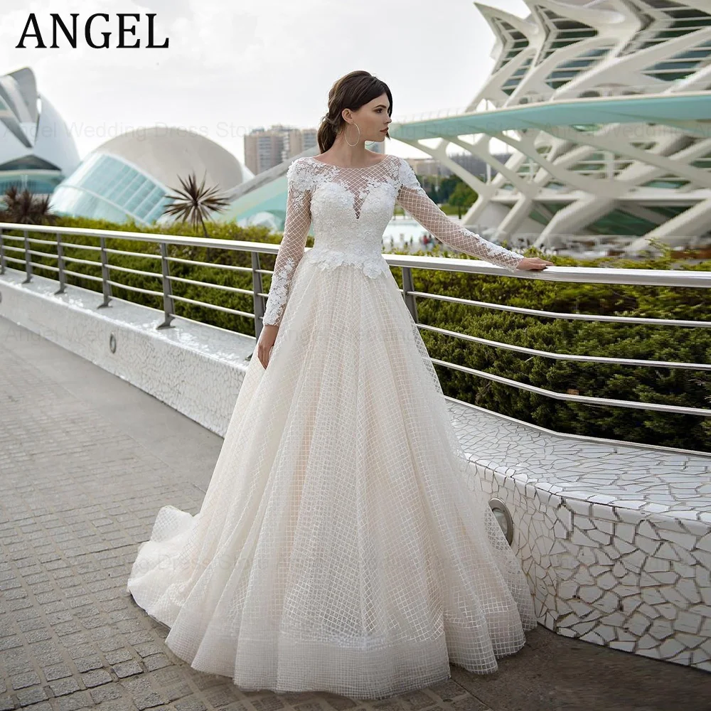

ANGEL Customized Stunning Wedding Dress A-Line Tulle Long Bridal Gowns Backeless Sexy Lace Applique Sweep Train Vestido de Novia