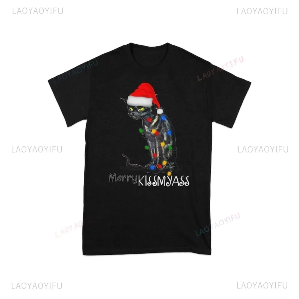 Merry Kissmyass Christmas-themed Cats Holiday Lights Tshirt Casual Fashion Loose Harajuku Women T-shirt Cotton Man Clothing
