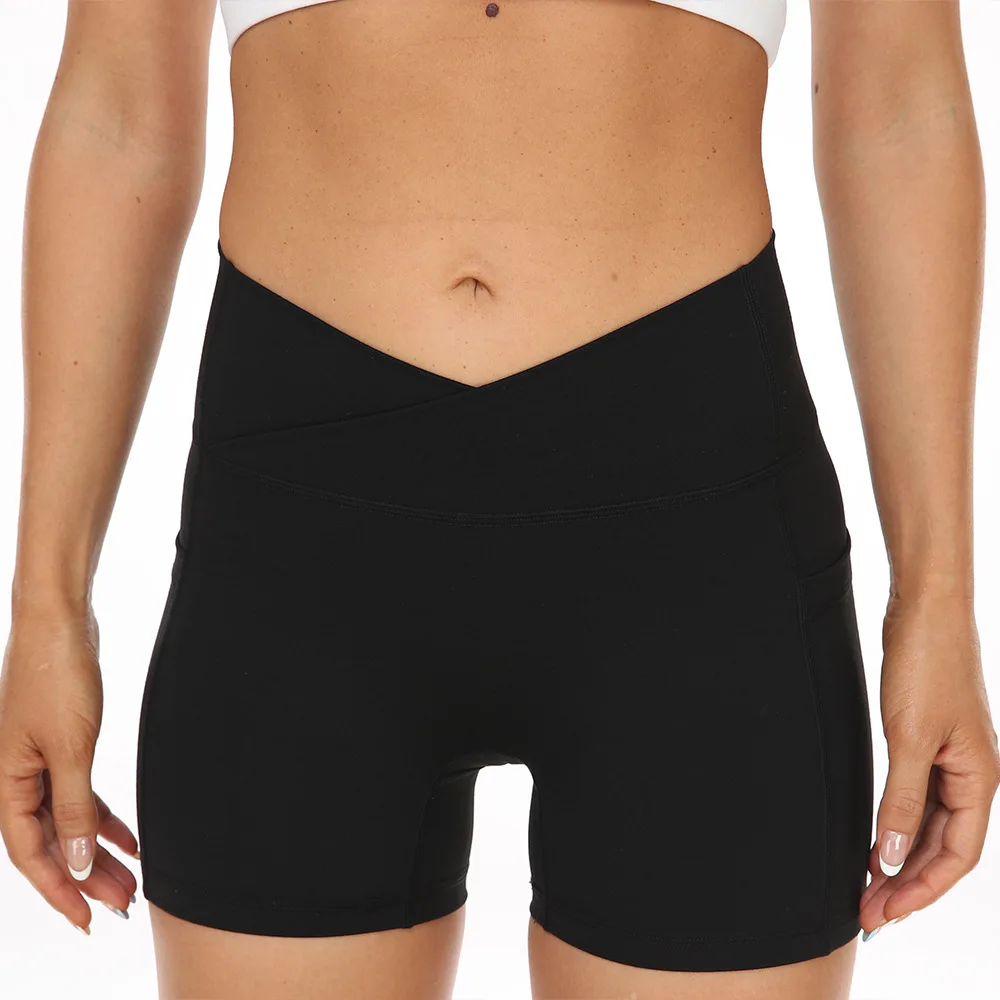 Women New Solid Color Patchwork Slim Pocket Yoga Sports Shorts Pants Gym Fitness Solid Color Elastic