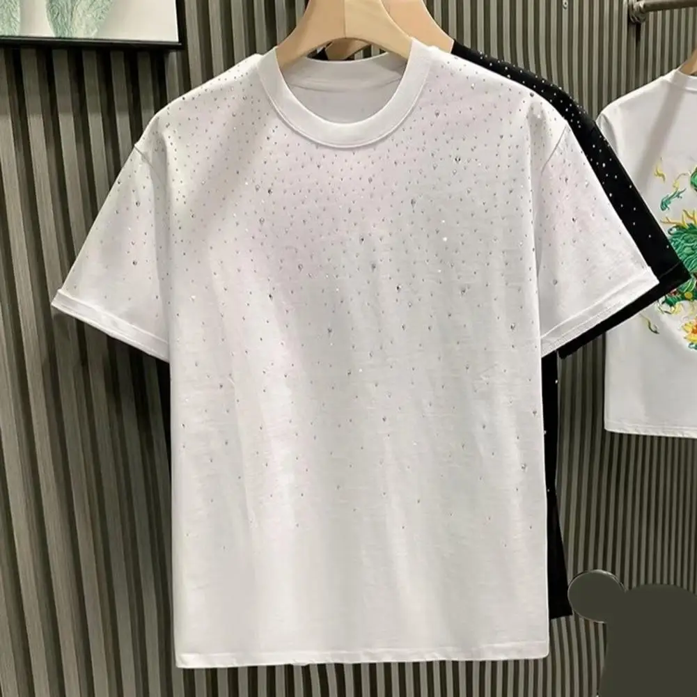 Summer Rhinestone Rivet T-shirt for Men Women Loose Fit Rhinestone Decor Couple T-shirts Short Sleeves Mid Length Unisex Top