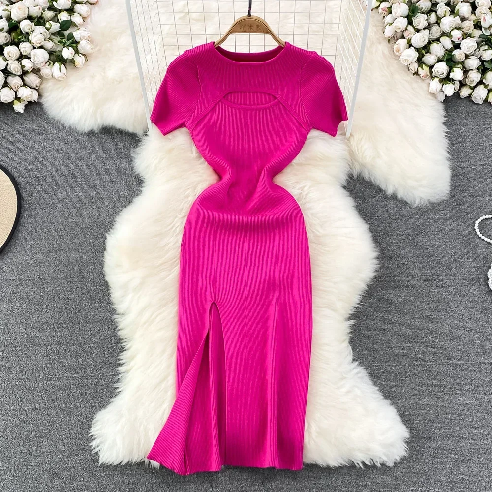 

2023 Spring New Spice Girl Feminine Round Neck Was Hollowed Out on The Chest, and The Split Knit Bag Hip Dress Vintage Dress