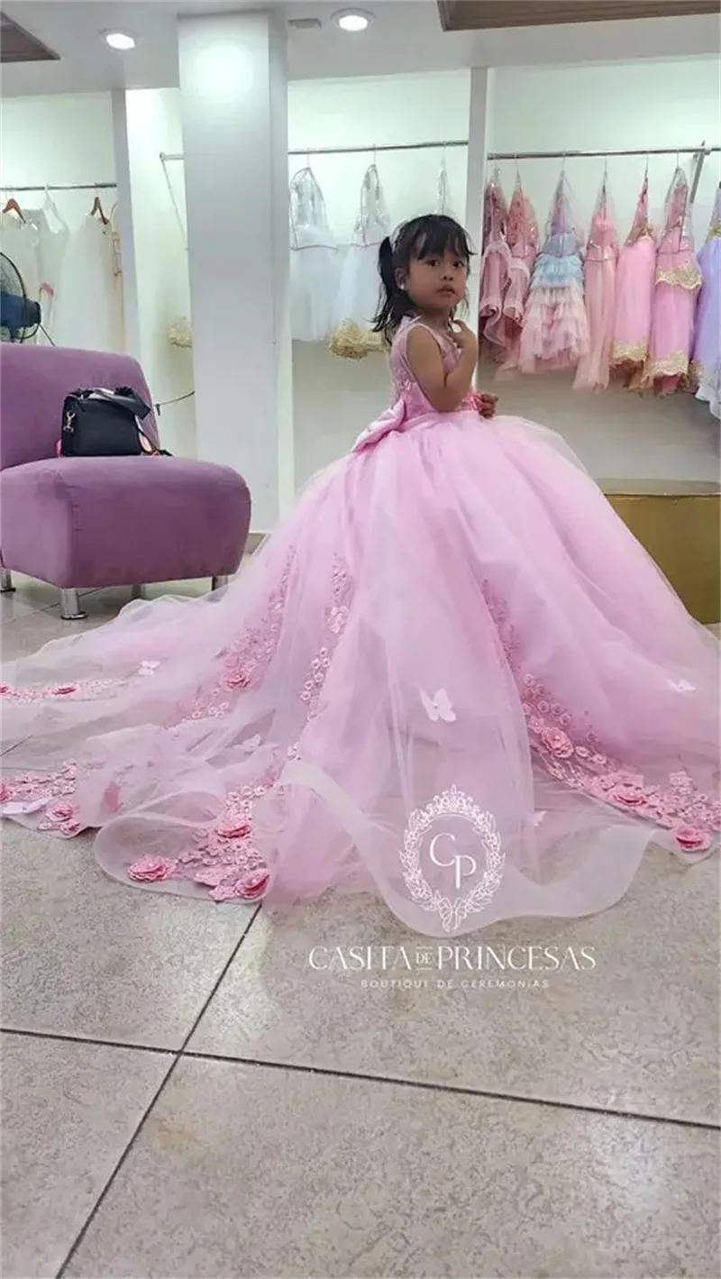 Customized Light Pink Flower Girl Dresses For Wedding 3D Flowers With Long Tailing Quinceanera Princess First Communion Gown