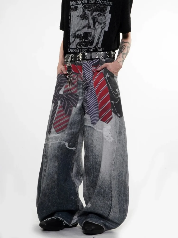 2026 American Retro Y2K Style 3D Printed Tie Design Washed Blue Baggy Jeans Pants For Men Clothing Wide Leg Loose Denim Trousers - view 4
