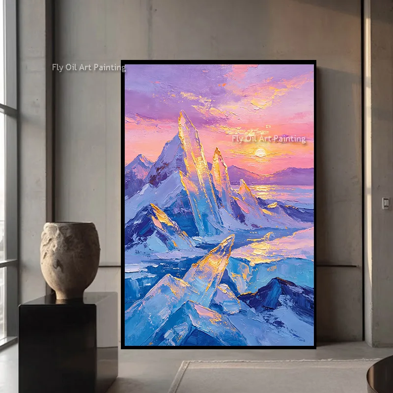 Blue Pink Mountains Landscape Yellow Sun Set Home Wall Art Items Hand Made New Blue Glacier Purple Sky Oil Painting For Home