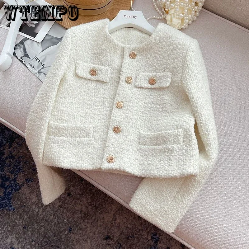 

2024 Korean Chic Female Tweed Basic Button Up Jacket Coat Women Autumn Winter Clothing Runway Style Woolen Outerwear