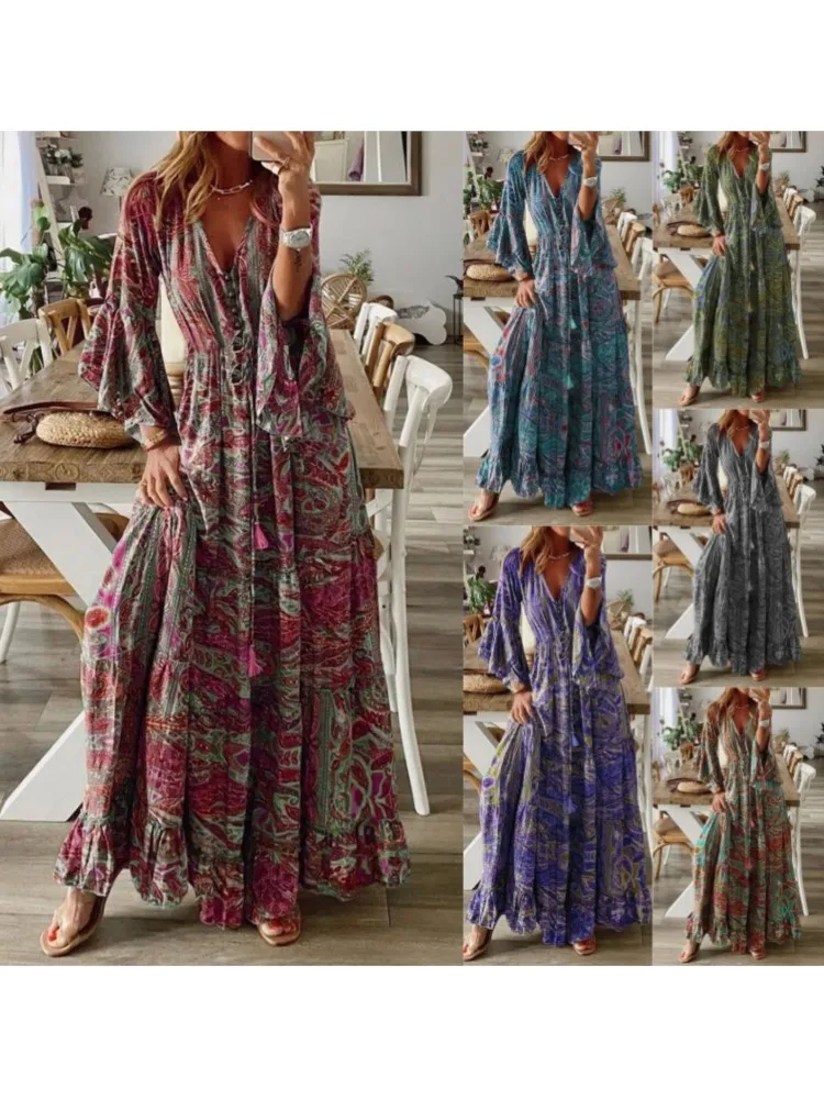 Women Dress Bohemian Beach Maxi Autumn Casual V-Neck Long Sleeve Dresses Female Vintage Floral Print Longuette Grace Temperament