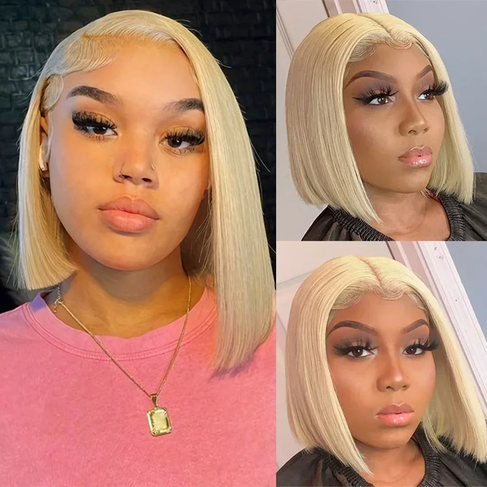 Perruque Bob Courte Blonde 613 13x6, Perruque Frontale HD en Dentelle, Cheveux Humains Brésiliens Lisses, Perruque Bob Transparente 613 en Dentelle Frontale