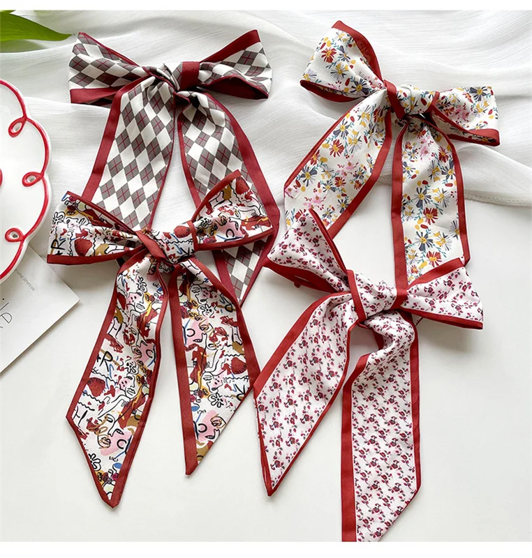 Red Series Flowers Bag Handbag Handle Ribbon Scarf Hair Head Band Neck Scarf Neckerchief Scarf Handle Wrap Silk Ribbon for Women