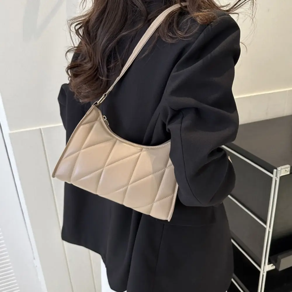 

Fashion Rhombus Female Hobos Handbag Retro Simple Pu Shoulder Bag Solid Color Trendy Commuting Underarm Bag Shopping
