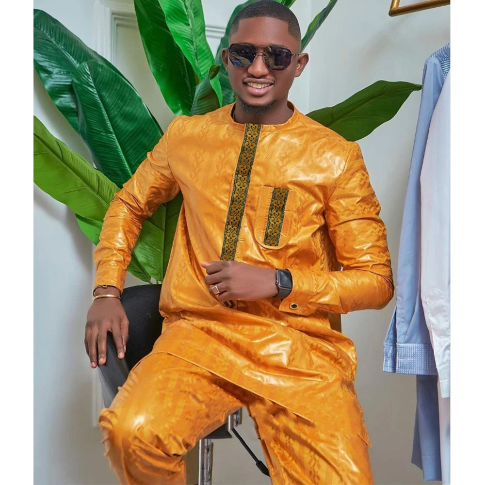 African Men Bazin Dashik Suit Clothing Casual 2 Pcs Set Shirt and Pant Nigerian Original Basin Men Outfit Party Wedding Clothes