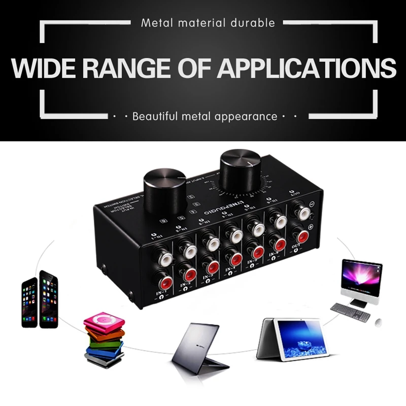 RCA 오디오 입력 신호 선택기 스위치, 볼륨 조절 및 Manu 포함, 6 입력 1 출력 스위처, 오디오 소스 선택 스위처