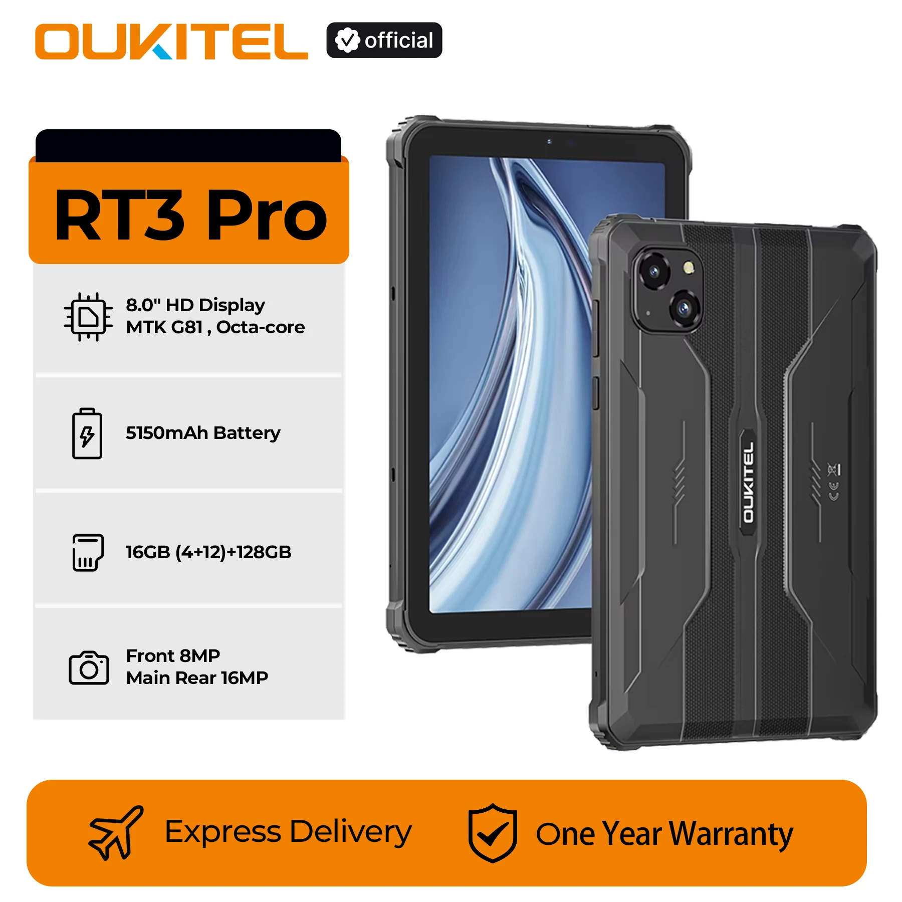 Oukitel RT3 PRO 5150mAh Batería 16GB+128GB Pantalla HD de 8" Perfil ultradelgado de 13,9 mm IP68, IP69K y MIL-STD-810H