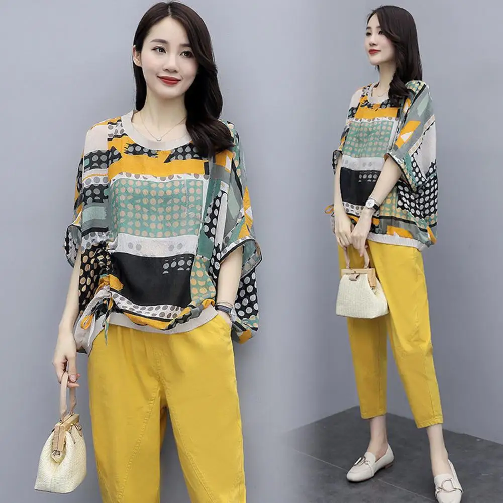 

2Pcs/Set Women Suit Loose Printing Round Neck Tops Pants Suit Casual Short Sleeve Female Outfits