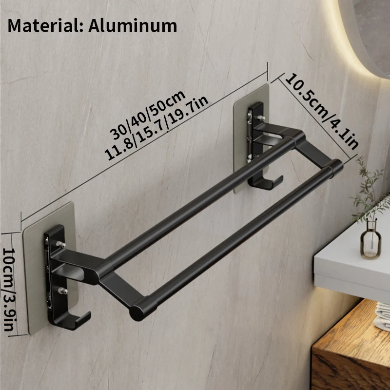 Black towel rack, non perforated toilet, bathroom storage rack, space aluminum towel hanging rod, towel rack, hook towel double