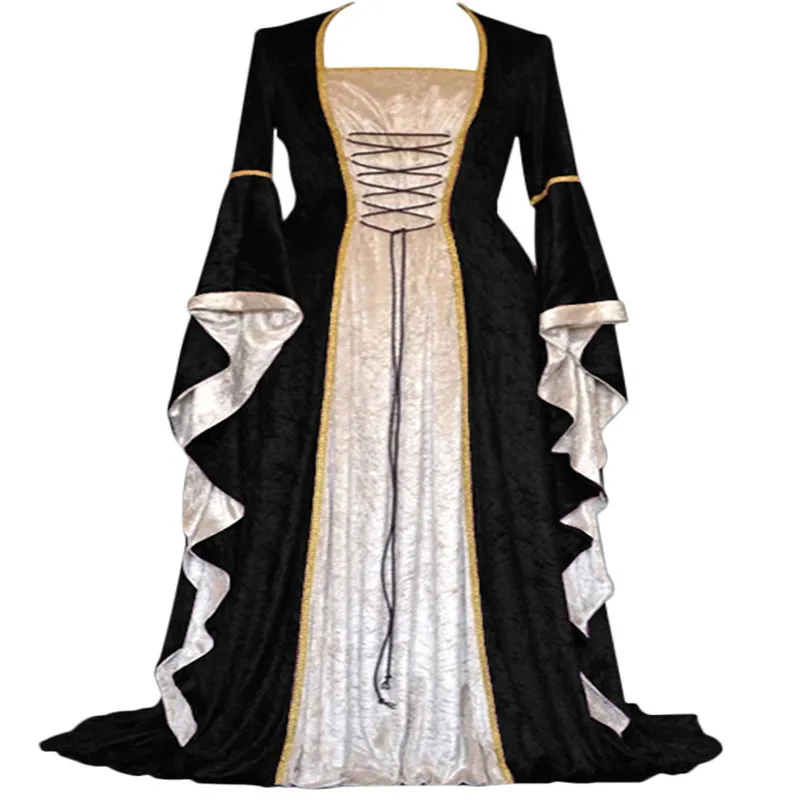 American Gold Velvet Strappy Flared Sleeve Vintage Medieval Long Floor Length Dresses Women's Long Dresses Play Costumes