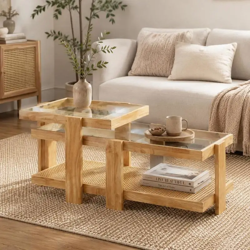 Lot de 2 tables basses gigognes décor rotin style bohème couleur naturelle décoration salon livraison entrepôt local