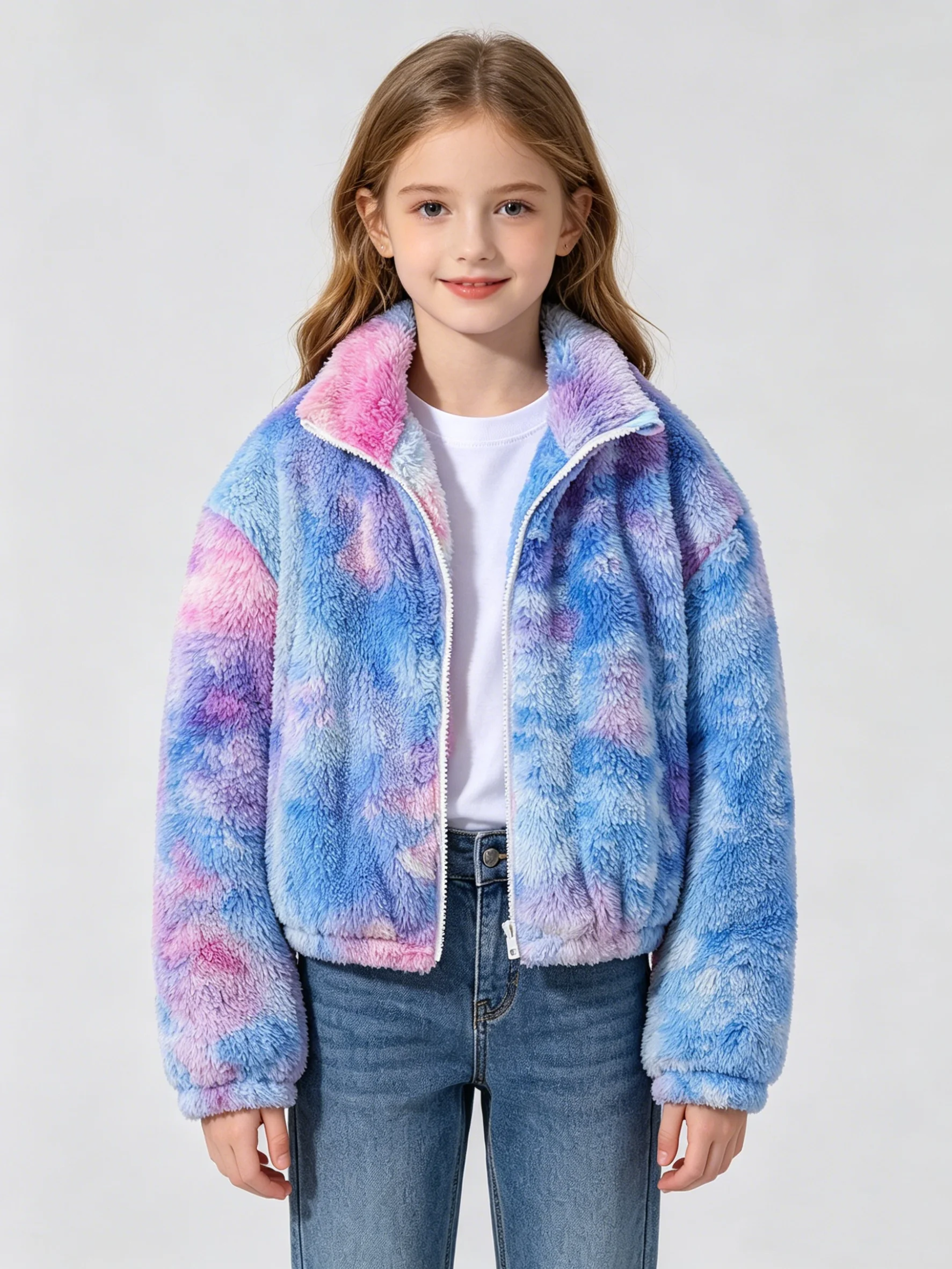 Autumn And Winter Sweet And Cool Girl's Stand Up Collar Gradient Tie Dye Plush Short Jacket Thick And Stylish Winter Outfit