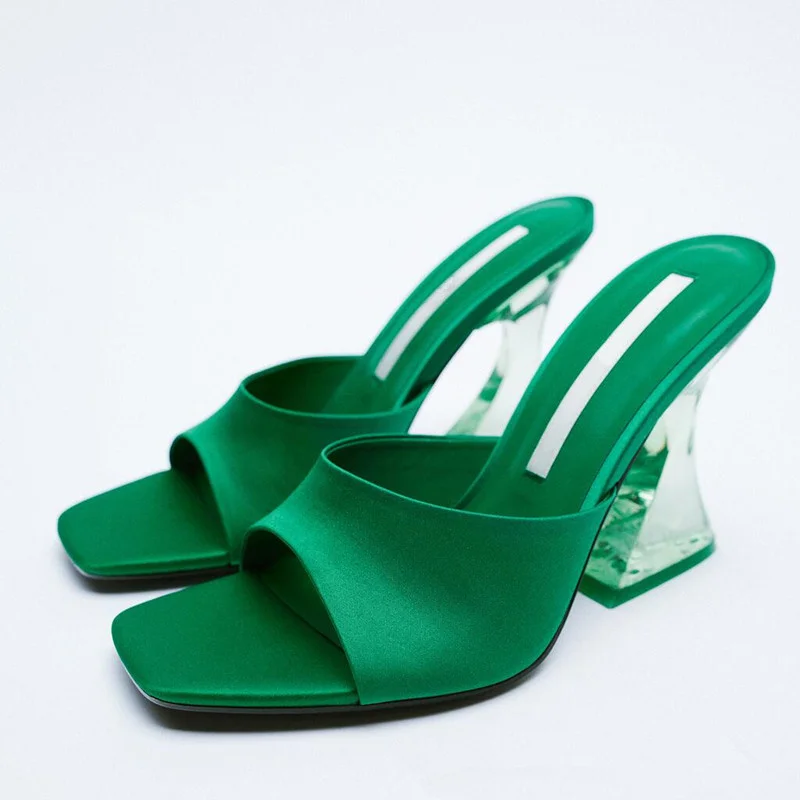 2022 Latest Summer and Autumn Women\'s Green shoes Silky Wide Band Transparent High Heel Comfortable Green Sandals Heels