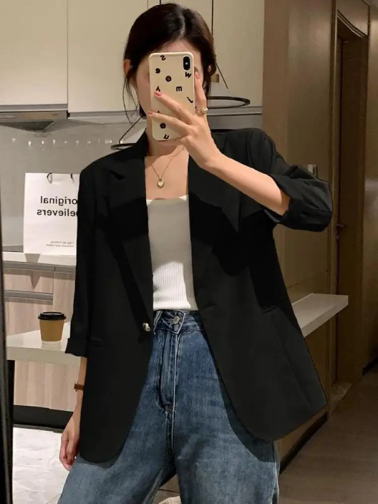 

Spring Summer Women Black Beige Office Seven Quarter Sleeved Blazer Jacket Korean 2025 New Green Pink Single Button Short Coat