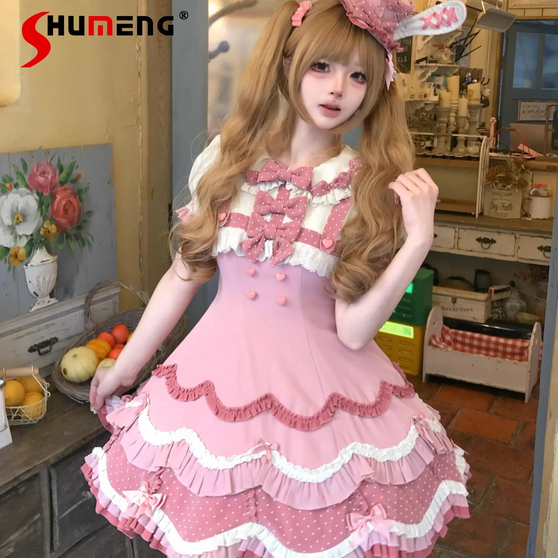 

Original Japanese Girls Pink Lolita Dress Op Summer New Sweet Girl's Cute Bow Slim-Fit Elegant Princess Dress Loli Lo Cos Dress