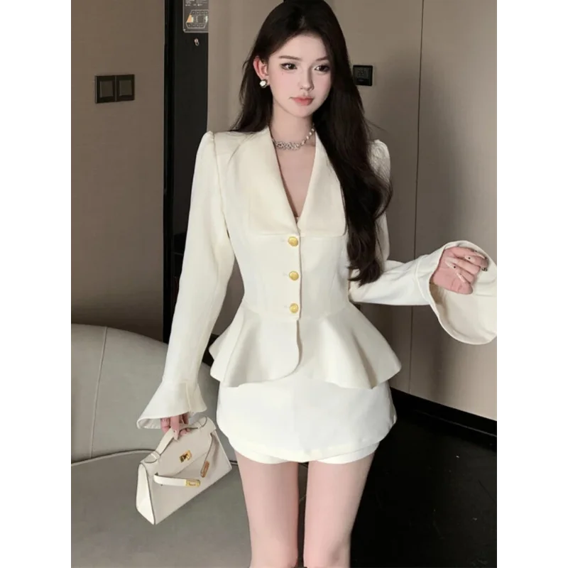 Women's Suit Temperament Imperial Sister High-end Lady Ruffles Jacket Autumn + Hip Mini Skirt Two-piece Set Flare Sleeve Korea