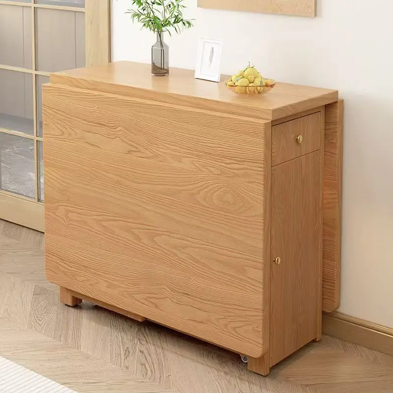 Multifunctional folding dining table cabinet integrated small apartment space saving movable with roller solid wood dining table