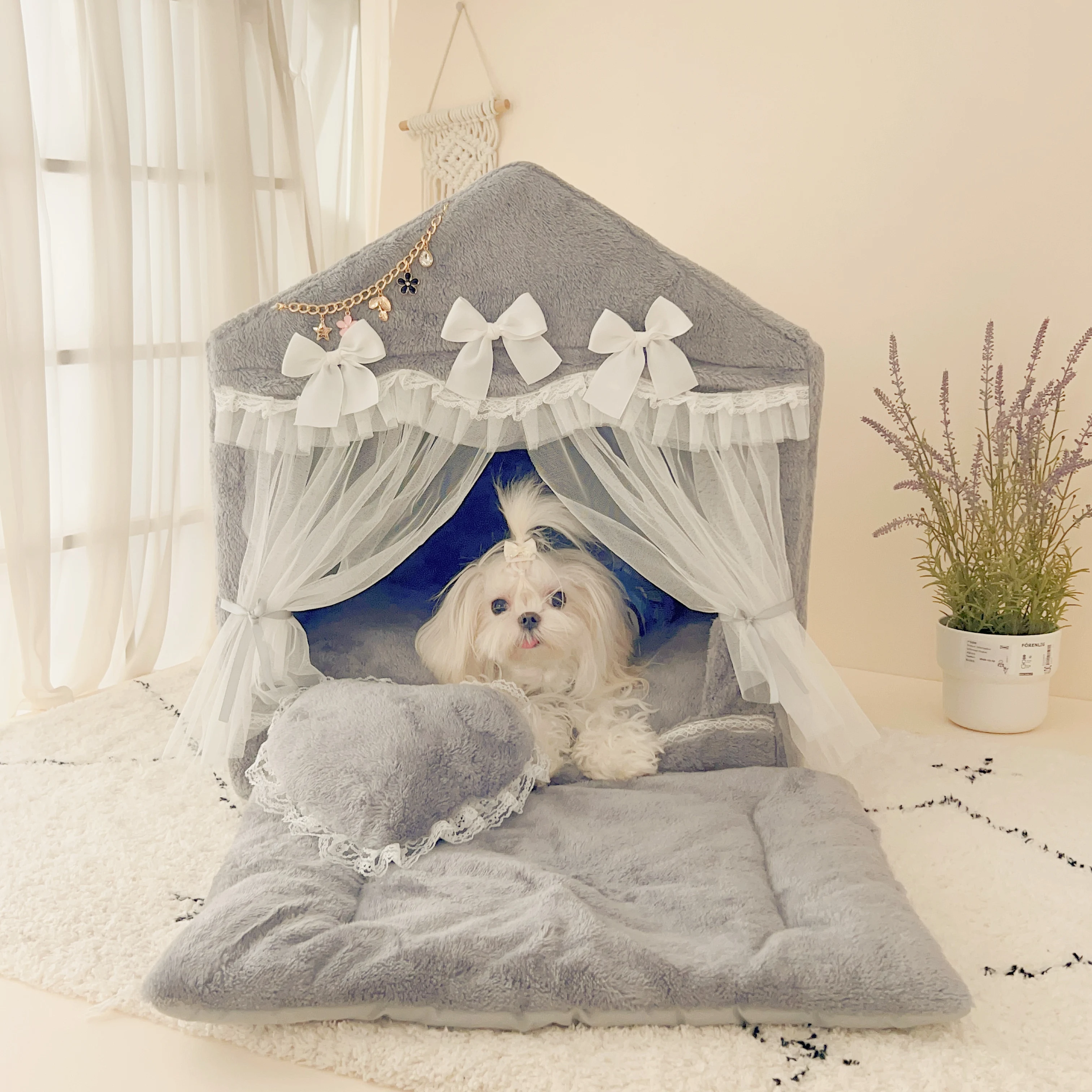 Pet Luxury Princess House Fluffy Winter Warm Dog Cat Puppy Kitten Items Bed Sofa Kennel Nest Removable Pink