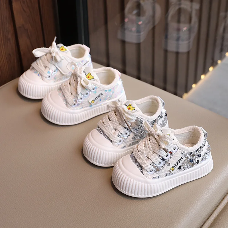 Children Elegant Sneakers for Girls 2024 Spring Autumn Fashion Korean Style Comfortable Soft Cute Cartoon Sequins Casual Shoes