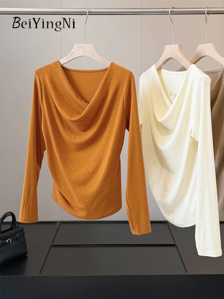 Beiyingni Irregular Swing Collar T-shirt Women Plain Elegant Full Sleeve Tee Shirts Female Autumn Winter Casual Kpop Slim Top