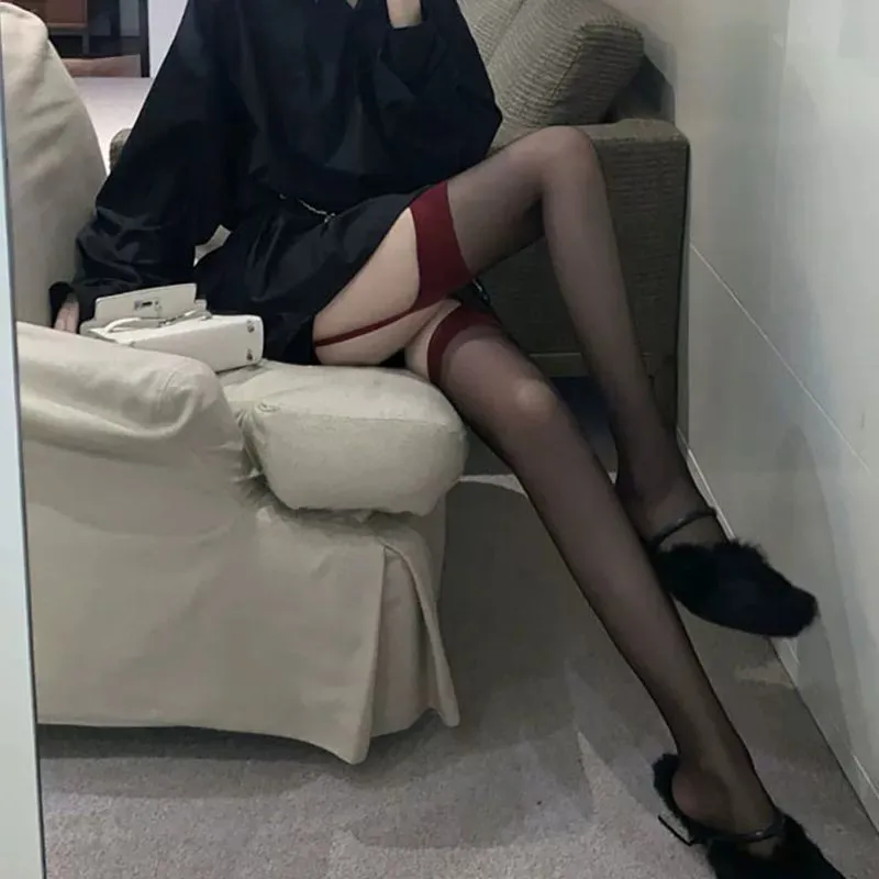 1/2 Pairs Women Suspender Black Silk Red Border Stockings Fashionable Spring Summer Jk Thin Color Blocked Long Knee High Socks image 2