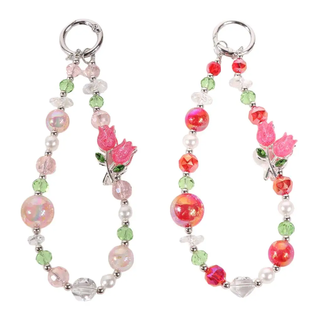 

Tulip Flower Crystal Bead Phone Strap Pearl Wrist Chain Cell Phone Chain Anti Loss Sparkling Mobile Phone Lanyard