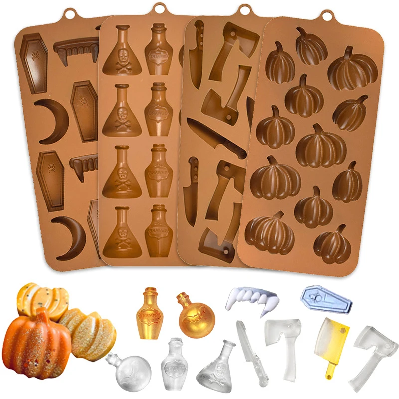 Silicone Gummy Mold Pumpkin Wine Bottle Teeth Shape Fondant Chocolate Candy Mould DIY Party Cake Decorating Tool Happy Halloween