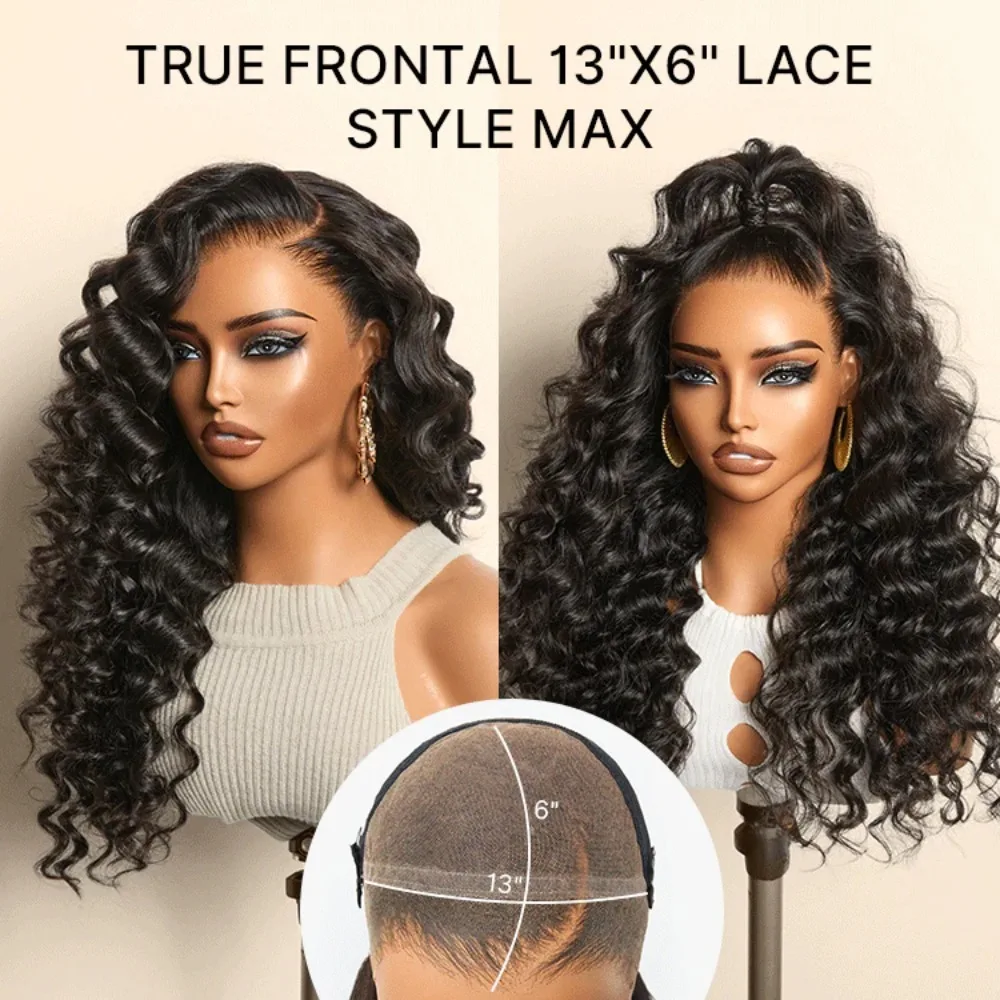 13x6 Lose tiefe Welle Lace Front Perücken Echthaar 200 % Dichte 26 Zoll tiefe lockige Echthaarperücke Naturschwarz HD Transparente Spitze
