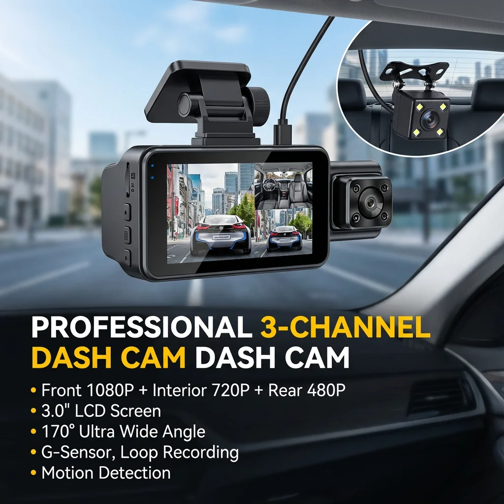 

3 Channel Dash Cam 1080P Video Recording Front Rear Inside Camera Motion Detection with Motion Detection Loop Recording for Car