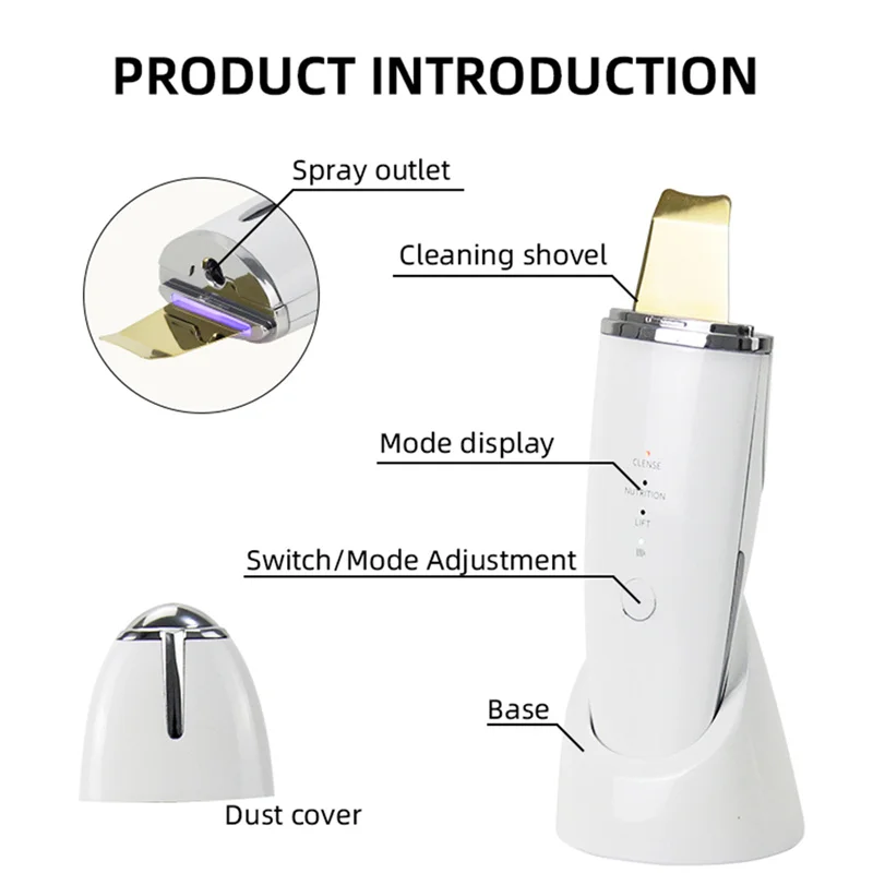 24K Golden Ultrasonic Facial Skin Scrubber With Water Tank Professional Ion Deep Peeling Shovel Exfoliating Facial Cleaner