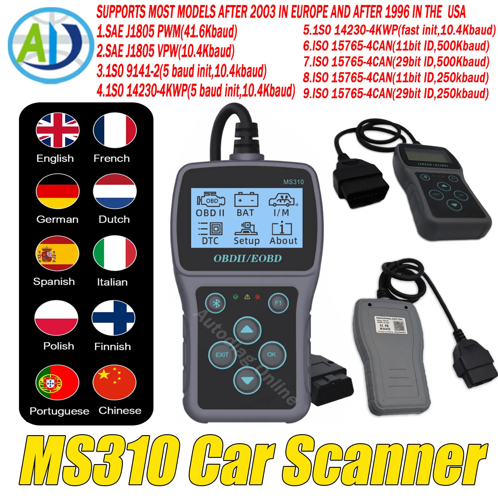 

MS310 Car Diagnostic Scan Tool Bluetooth Multi-language Code Reader Clear Code Battery Tester Automobile OBD2 Diagnostic Scanner