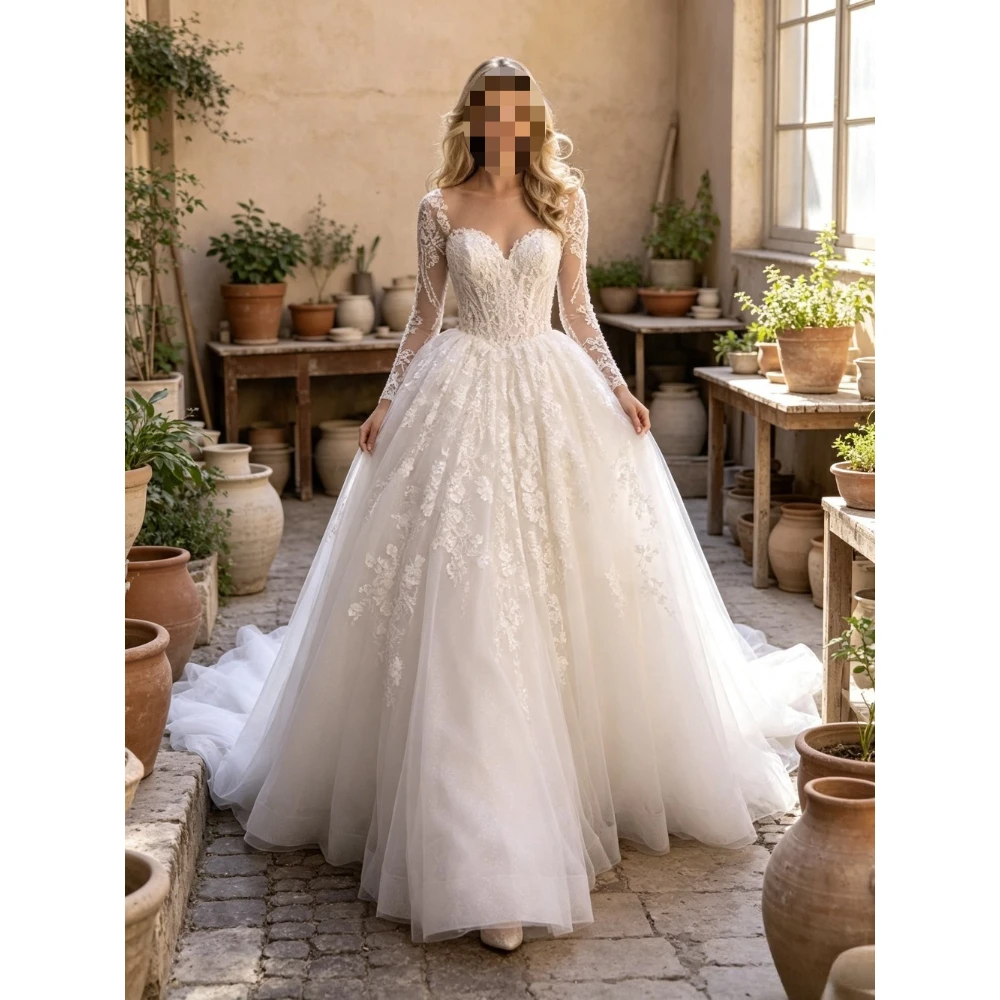 Customized Romantic Lace Long Sleeves A-line Princess Style Wedding Dresses 2026 Sweet Chiffon Fluffy Ruffle Beach Bridal Gown