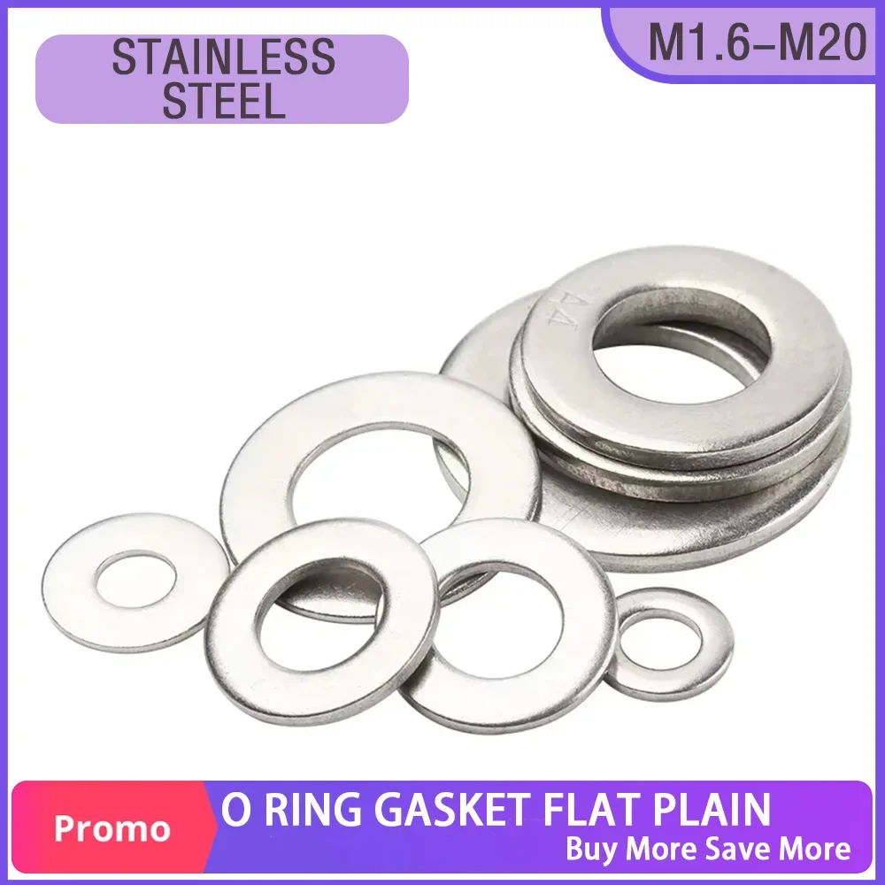 Stainless Steel O Ring Gasket Flat Plain Round Machine Metal Large Wider Washers M1.6 M2 M3 M4 M5 M6 M8 M10 M12 M14 M16 M18 M20