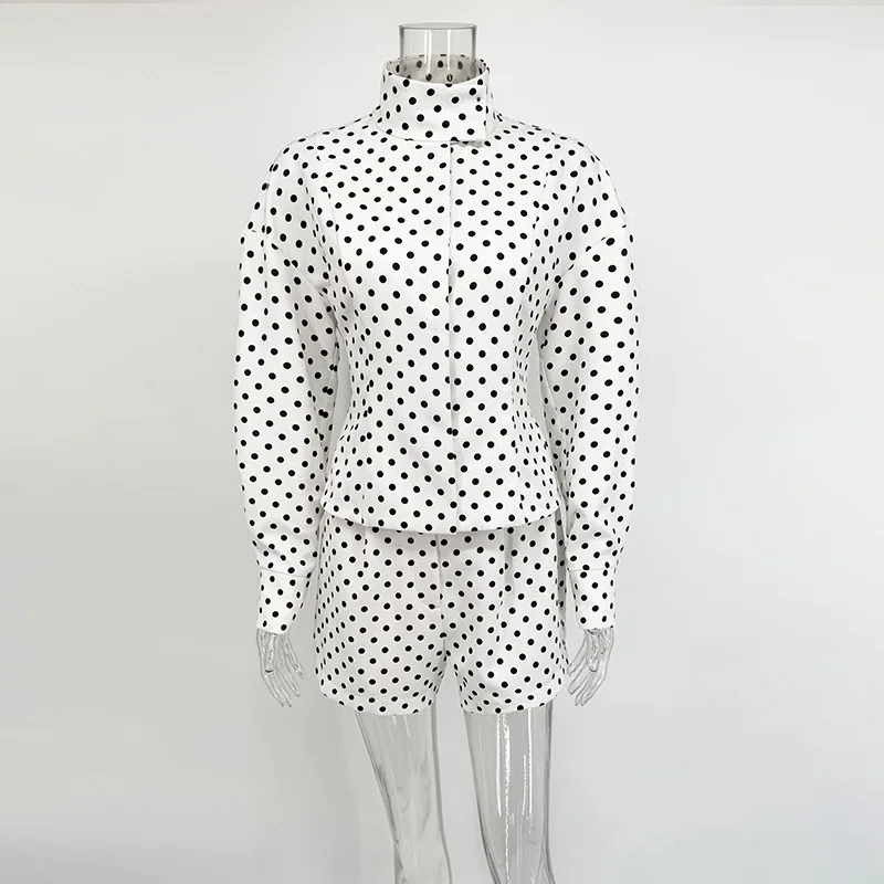 TARUXY Polka Dots Coat 2 Piece-Set Women's Fashion Commute Long Sleeve Cardigan Female Shorts High Waist Casual Outfits Autumn