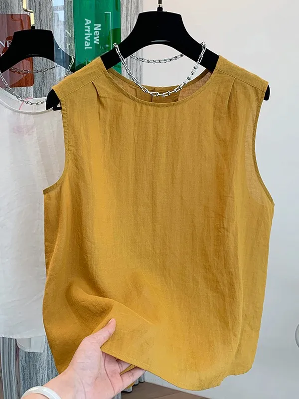Retro round Neck Cotton Linen  Color Sleeveless Shirt Women Summer 2026 New Loose Lightweight Vest Top Breathable Comfor...