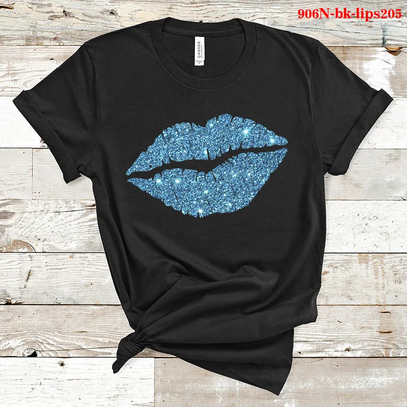 Camiseta con estampado de labios de colores para Mujer, blusa holgada de manga corta con cuello redondo, ropa Sexy