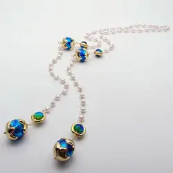 Y.YING Freshwater Cultured White Pearl Rosary Chain Blue Murano Glass Long Necklace 38