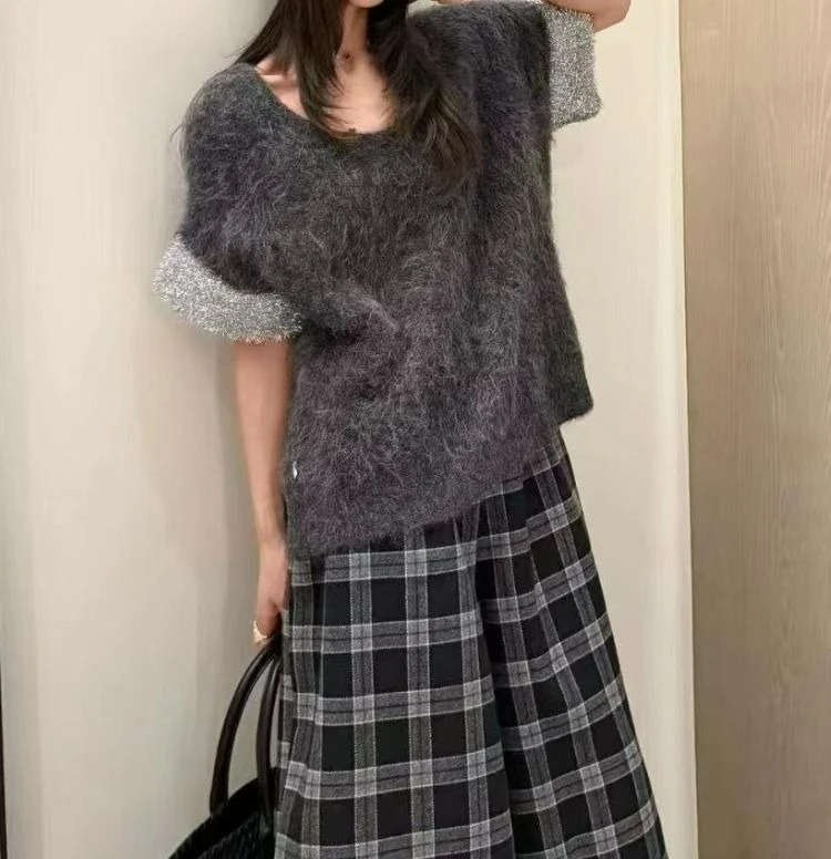 Fluffy Short-sleeved Knitted Top High-end Retro Stacked Wear and 2025 Autumn and Winter Sweater