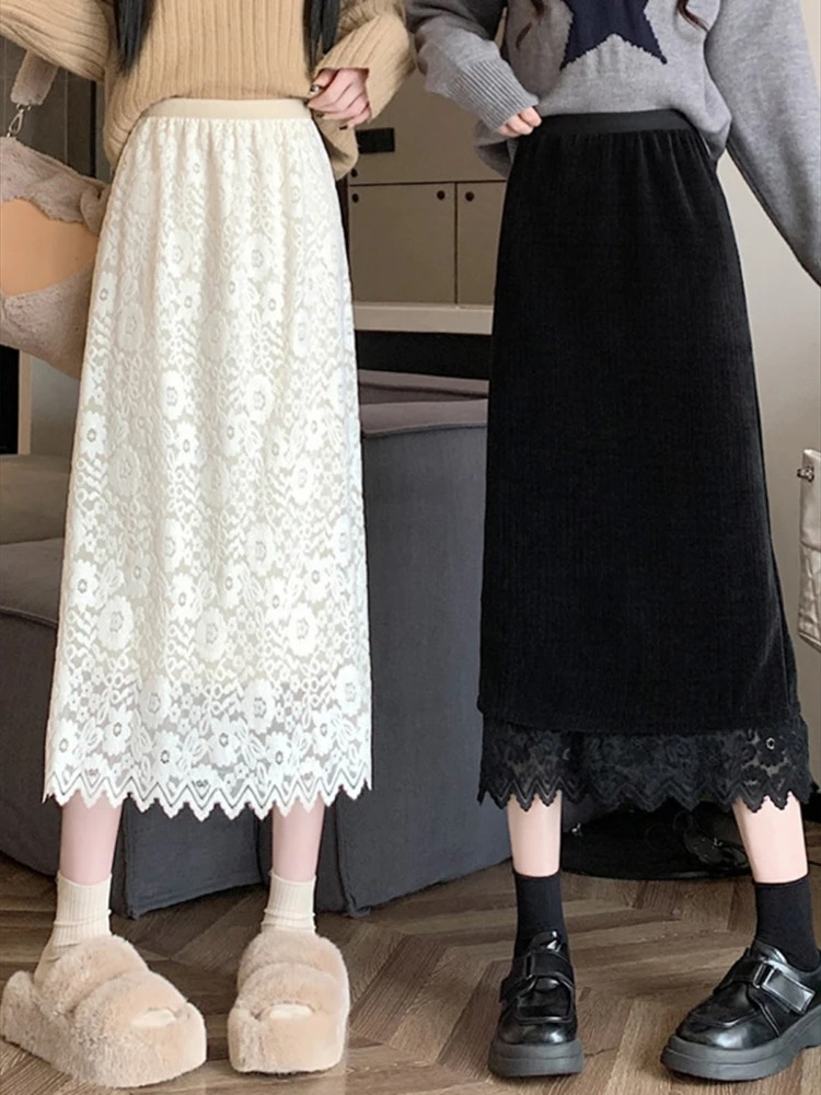 Women Long Skirt Lace Patchwork High Waisted Elastic Waist Hollow Out Casual Skirt Slit Cut Elegant with Lined Skirts New