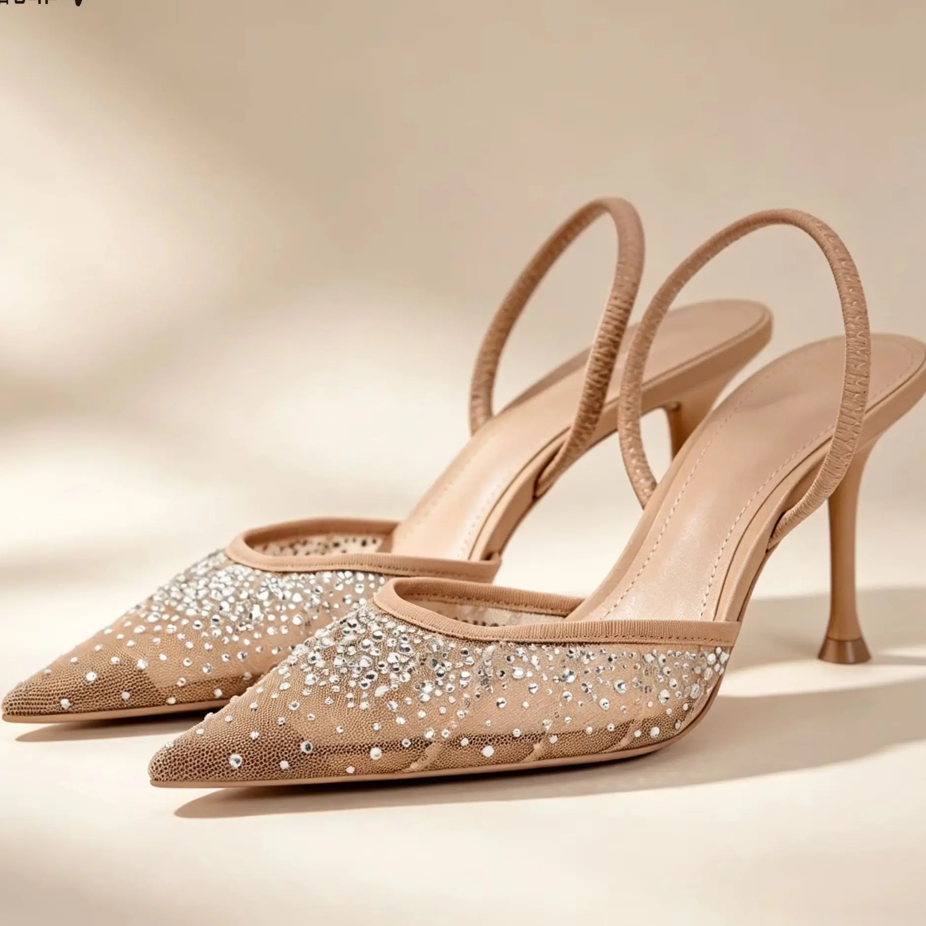 Spring Women's Shoes, Apricot Mesh Fashion Temperament, Exposed Heels, M Ü Ller Shoes, High Heels, Rhinestone Sandals