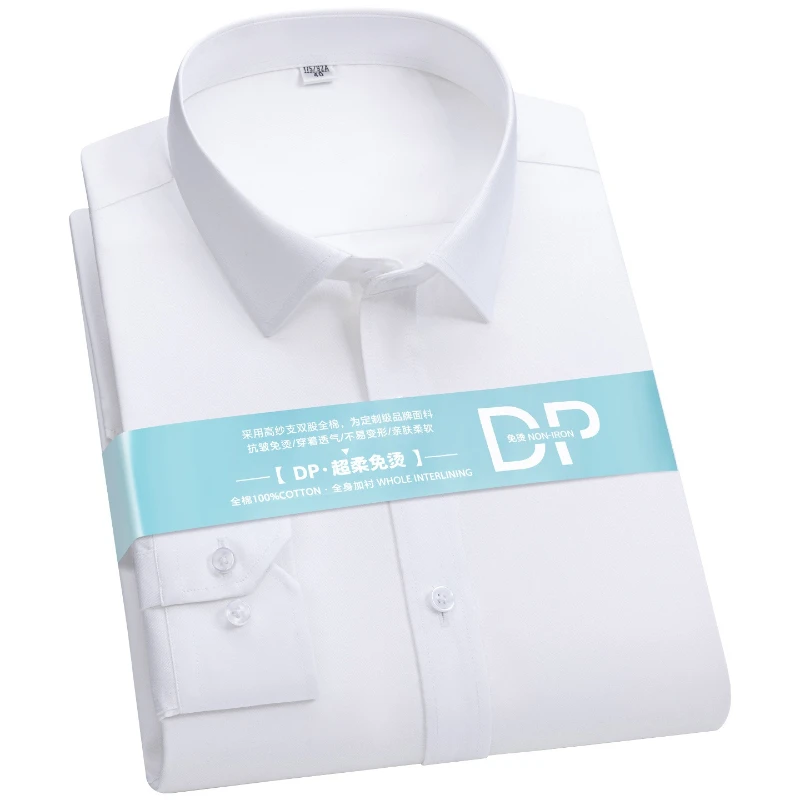 Premium Non-Iron Men's Dress Shirt DP Cotton Long Sleeve Business Formal DP 100 Cotton Office Work White Shirt Men Long Sleeve